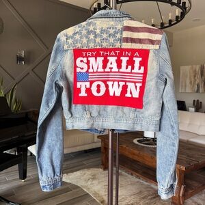 Denim Jacket with American Flag and Red Patch